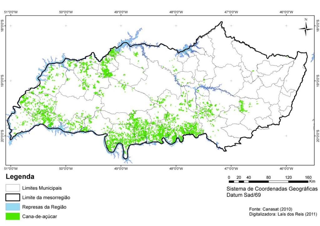 Figura 04. Mapeamento das áreas de cana-de-açúcar da safra 2010/2011 Segundo Campos (2011,p.