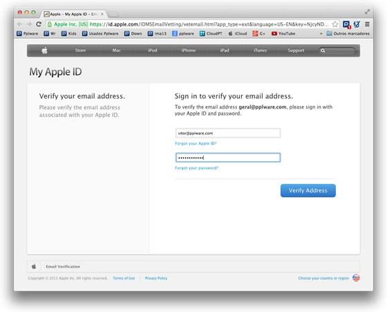 janela de verificação de dados para Apple ID Depois de verificar a conta que lhe chegou ao mail, tem de inserir agora aqui o seu