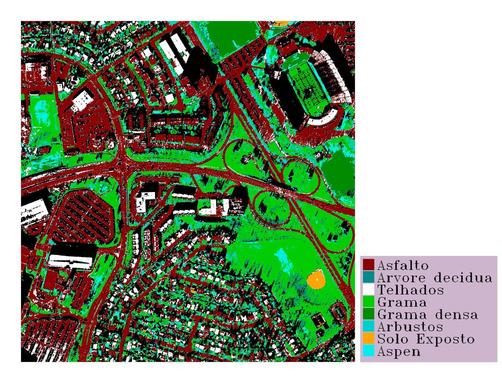 Anais XIII Simpósio Brasileiro de Sensoriamento Remoto, Florianópolis, Brasil, 21-26 abril 2007, INPE, p. 7079-7085. Figura 5 Imagem de teste classificada pelo método Spectral Angle Mapper.