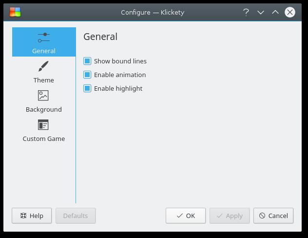 Capítulo 6 Configuração do Jogo O Configuração Configurar o Klickety... abre a janela para Configuração - Klickety. 6.1 Opções gerais Mostrar as linhas envolventes Esta opção irá mostrar as linhas de fronteira entre as peças com uma cor diferente.