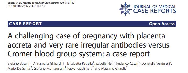 Gestante, 28 anos, placente acreta Aloimunizada: anti-tc a (sistema Cromer )+ anti-jka Realizado pesquisa CH raro: Nacional (Mondena, Italia) e internacional: Ø Conduta: Autotransfusão (Pré- depósito
