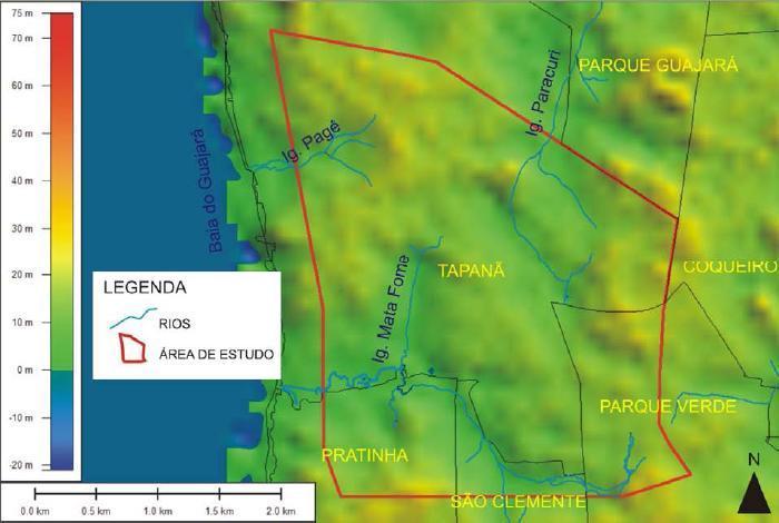 Figura 2 - Mapa topográfico dos Bairros Tapanã, Parque Verde, São Clemente e Pratinha. Fonte: Craveiro, 2007 As entidades hídricas mais expressivas na RMB são a Baía do Guajará e o rio Guamá.