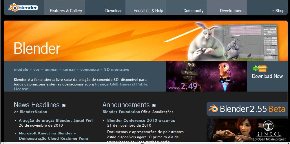 Manual e Guia de Utilização e Exploração do Blender 1. Para aceder a esta ferramenta, é preciso colocar, no browser da Internet o seguinte endereço: http://www.blender.org.