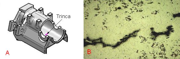 25 Figura 8 Em A mostra a região da trinca na peça e em B a microestrutura da trinca, característica de trinca a quente.