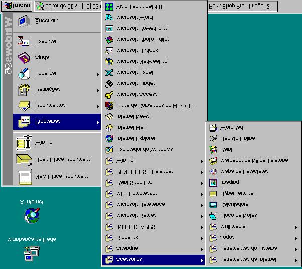 Iniciar o Windows 95 3. No menu Programas, aponte para Acessórios que abre também ele para o lado direito do menu Iniciar. 4. No menu Iniciar aponte para Definições.