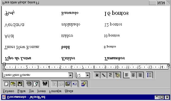 Elaborar um Trabalho com o Windows 95 MODIFICAR A APARÊNCIA DE UM DOCUMENTO Pode alterar o tipo de letra dos caracteres dum documento.