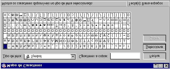 Elaborar um Trabalho com o Windows 95 INSERIR SÍMBOLOS COM O MAPA DE CARACTERES O Mapa de Caracteres é um acessório que lhe dá a possibilidade de aceder a tipos de letra de Símbolos e a caracteres
