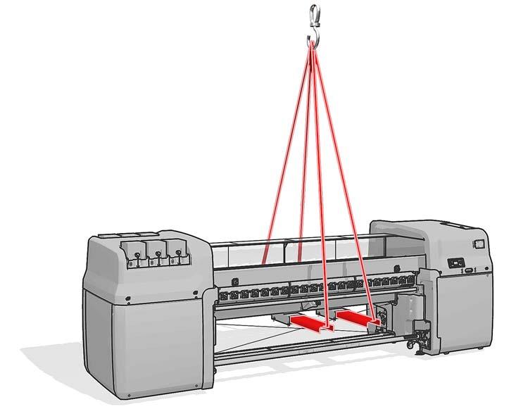 ter comprimento suficiente para que os cabos de elevação não toquem na impressora. A imagem a seguir mostra como elevar a impressora com um feixe propagador.