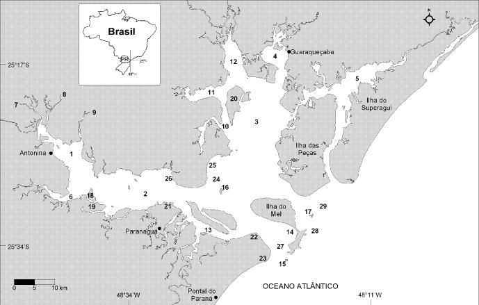 Referências 1 - Baía de Antonina 2 - Baía de Paranaguá 3 - Baía das Laranjeiras 4 - Baía de Guaraqueçaba 5 - Baía dos Pinheiros 6 - Rio Nhundiaquara 7 - Rio Cacatu 8 - Rio Cachoeira 9 - Rio