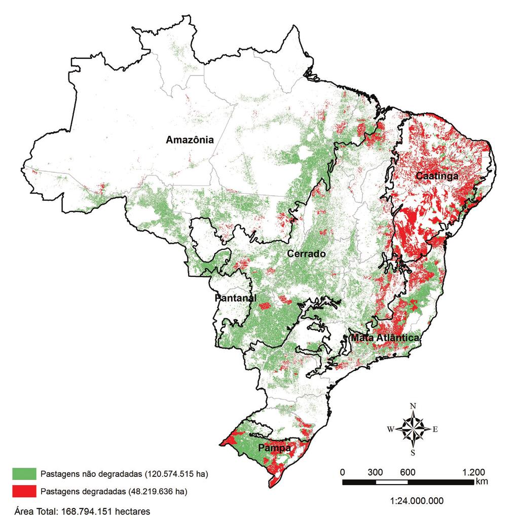 6 7 para o ano de 20141 1 (IBGE, 2014). No presente relatório foram consideradas degradadas as pastagens com capacidade de suporte menor ou igual a 0,75 cabeças por hectare.