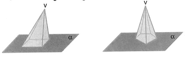 E ) Pirâmide A pirâmide é um sólido delimitado por faces planas. Sua base é um polígono e suas faces laterais são triângulos. Observe as figuras seguintes:.