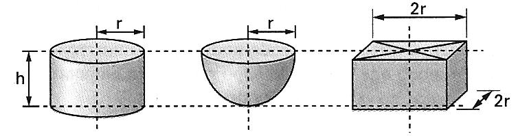 44) Na figura estão representados três sólidos de mesma altura h um cilindro, uma semiesfera e um prisma cujos volumes são V 1, V e V, respectivamente.
