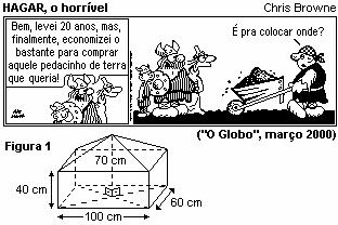 4) Leia os quadrinhos: Suponha que o volume de terra acumulada no carrinho-de-mão do personagem seja igual ao do sólido esquematizado na figura 1, formado por uma pirâmide reta sobreposta a um
