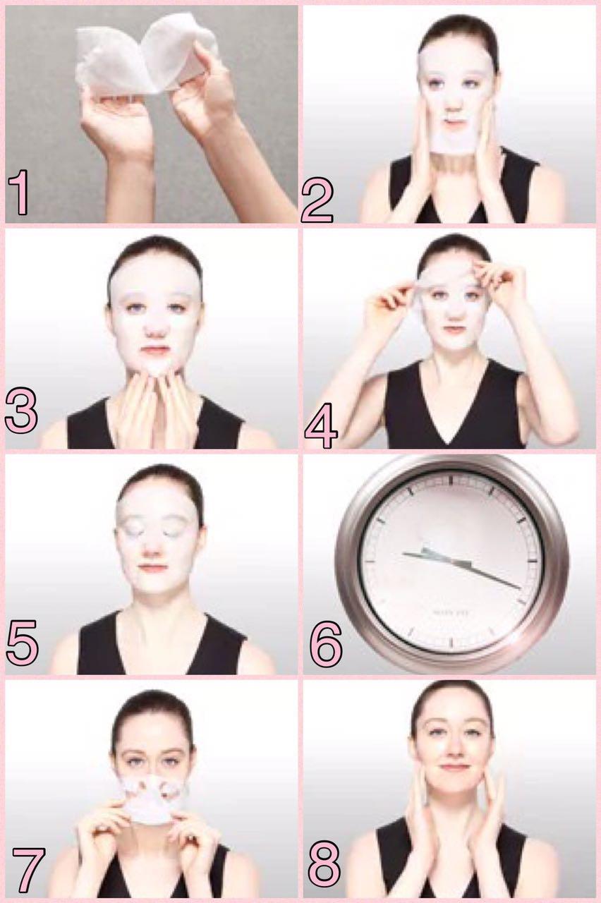 Passo a Passo Máscara Facial Bio-Cellulose TimeWise Repair 1) Remova a máscara da embalagem e desdobre. A máscara está entre duas camadas de malha protetora.