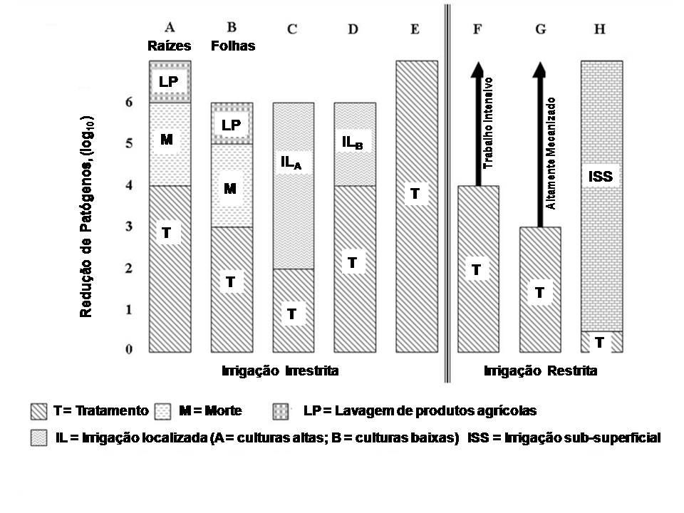 Figura 1. Exemplos de composição de medidas protetoras para a redução de virus, bactérias e protozoários para atender à meta de 10-6 AVAD por pessoa e por ano. Fonte: WHO (2006).