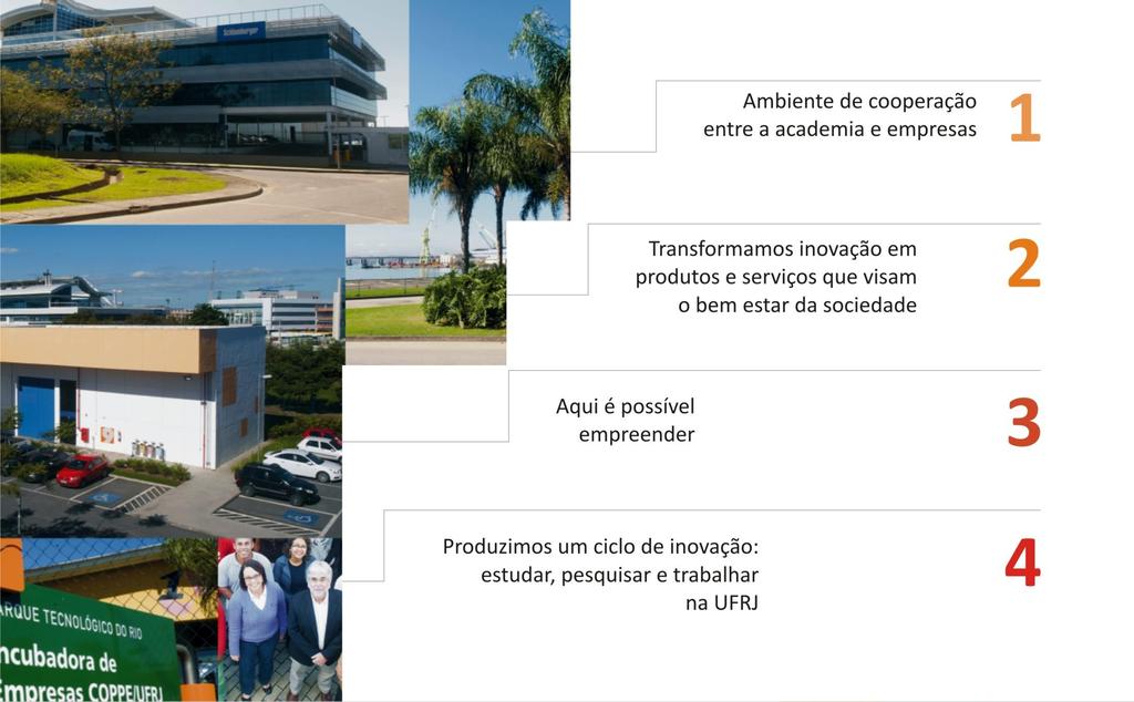 Transform innovation into products and services for the welfare of society We contribute to the innovation cycle: study, research and work at UFRJ The Park hosts Coppe/UFRJ Business Incubator, which