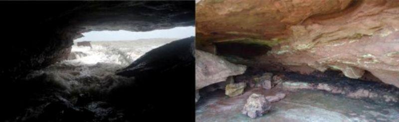 FIGURA 1: Caverna do Medo sob ação da maré vista de dentro e na baixa FONTE: MORAIS et al, 2014.