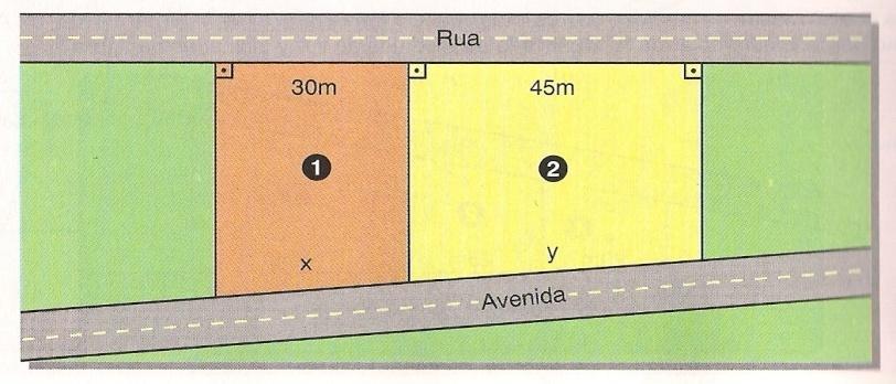 17) Esta planta mostra dois terrenos. As divisas laterais são perpendiculares à rua. Quais as medidas das frentes dos terrenos que dão para a avenida.