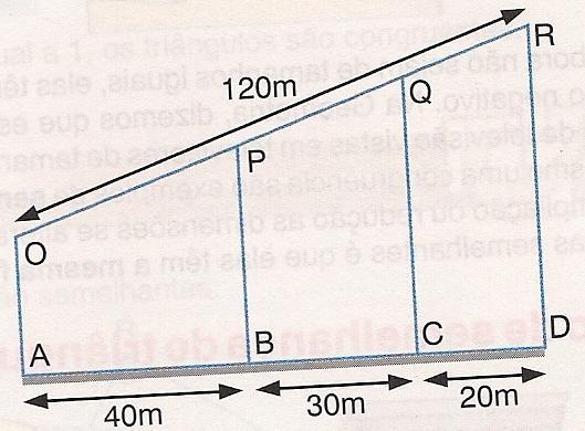 A medida do segmento PQ, OP e QR em metros, é: 19) No triângulo da figura abaixo, temos DE // BC. Qual é a medida do lado AB e a medida do lado AC desse triângulo?