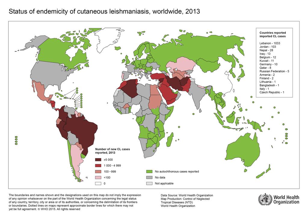 Figura 1: Mapa mundial mostrando a incidência de LTA em 2013. Fonte: OMS 1.4.