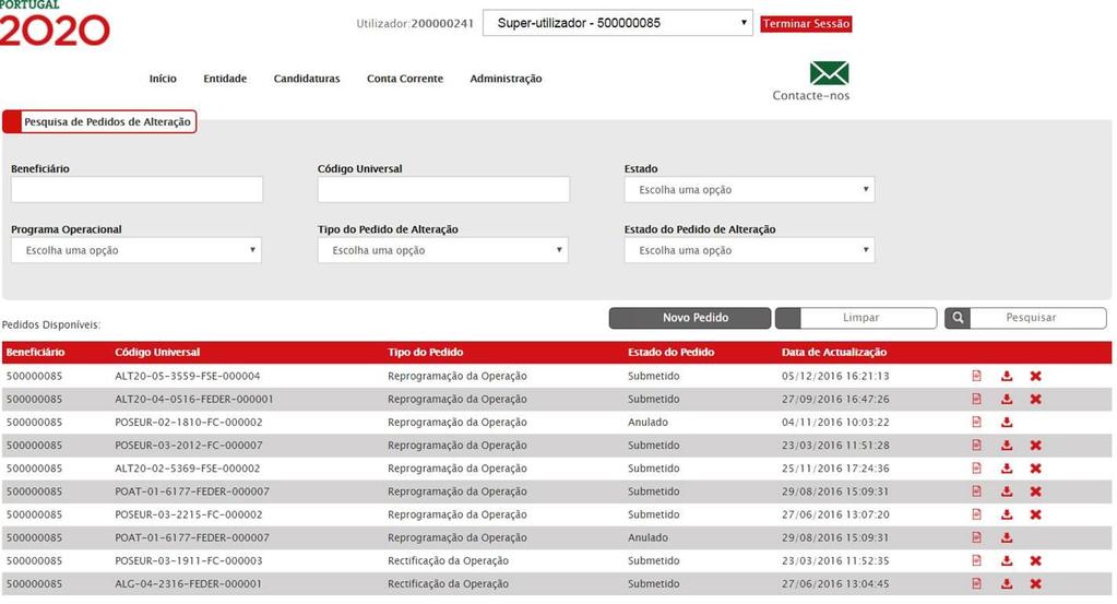 FIGURA 7 ECRÃ PEDIDOS DE ALTERAÇÃO Neste ecrã dos Pedidos de Alteração permite ao