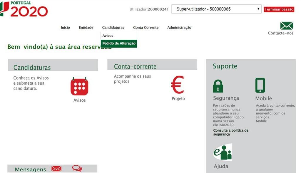 das candidaturas e escolher a opção Pedido de Alteração.