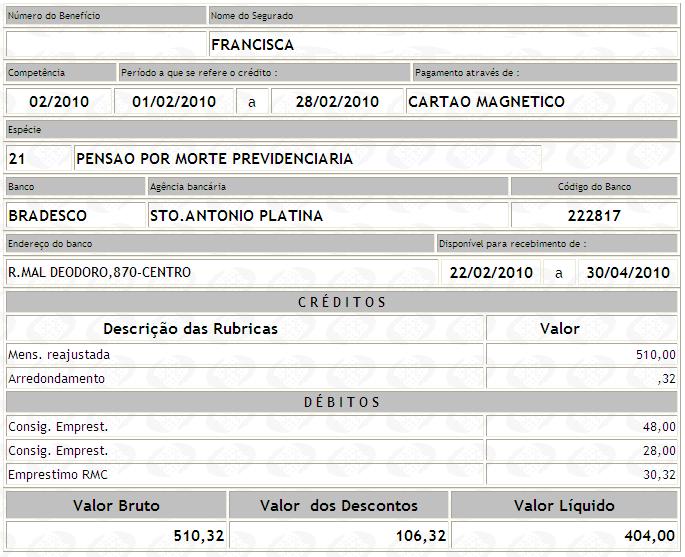 Exemplos para cálculo da Margem Consignável: INSS Instituto Nacional do Seguro Social Crédito Débito Margem 20 % TOTAL DESCRIÇÂO VALOR Mens.