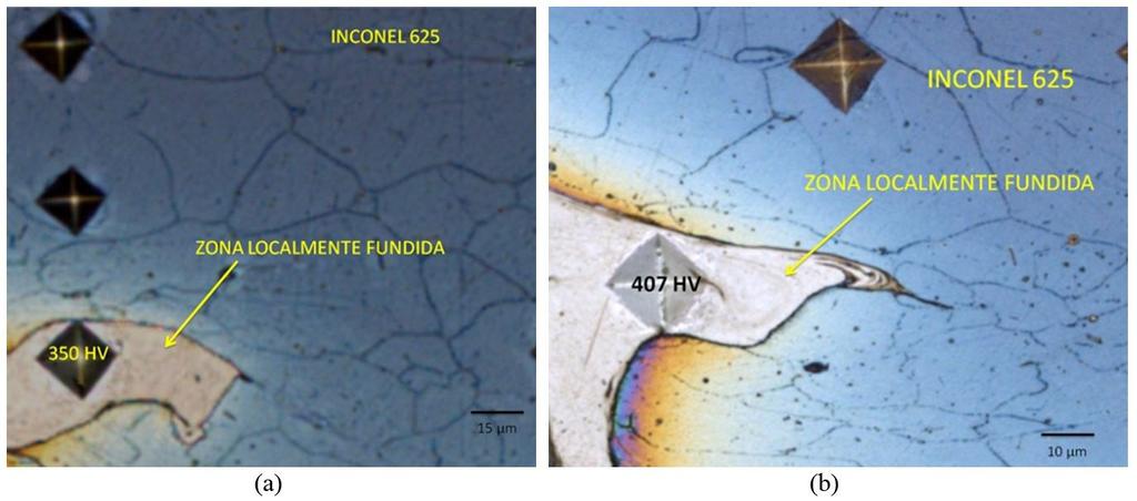 Ribeiro et al. Figura 9. (a) e (b) Microdurezas na zona localmente fundida, ataque eletrolítico com Nital 2%, 5V, 10 s. Tabela 2. Valores das microdurezas na zona localmente fundida.