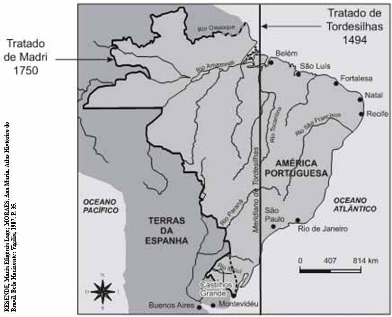 LISTA DE EXERCÍCIOS 1 FORMAÇÃO TERRITORIAL DO BRASIL 1) Observe o mapa a seguir e faça o que se pede: O Tratado de Tordesilhas, assinado pelos reis ibéricos com a intervenção papal, representa: A) o