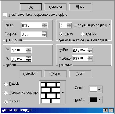 - Selecione este botão e escolha o padrão e as cores disponíveis no diálogo exibido. É possível também carregar uma figura no formato Bitmap, definindo-a como um preenchimento.