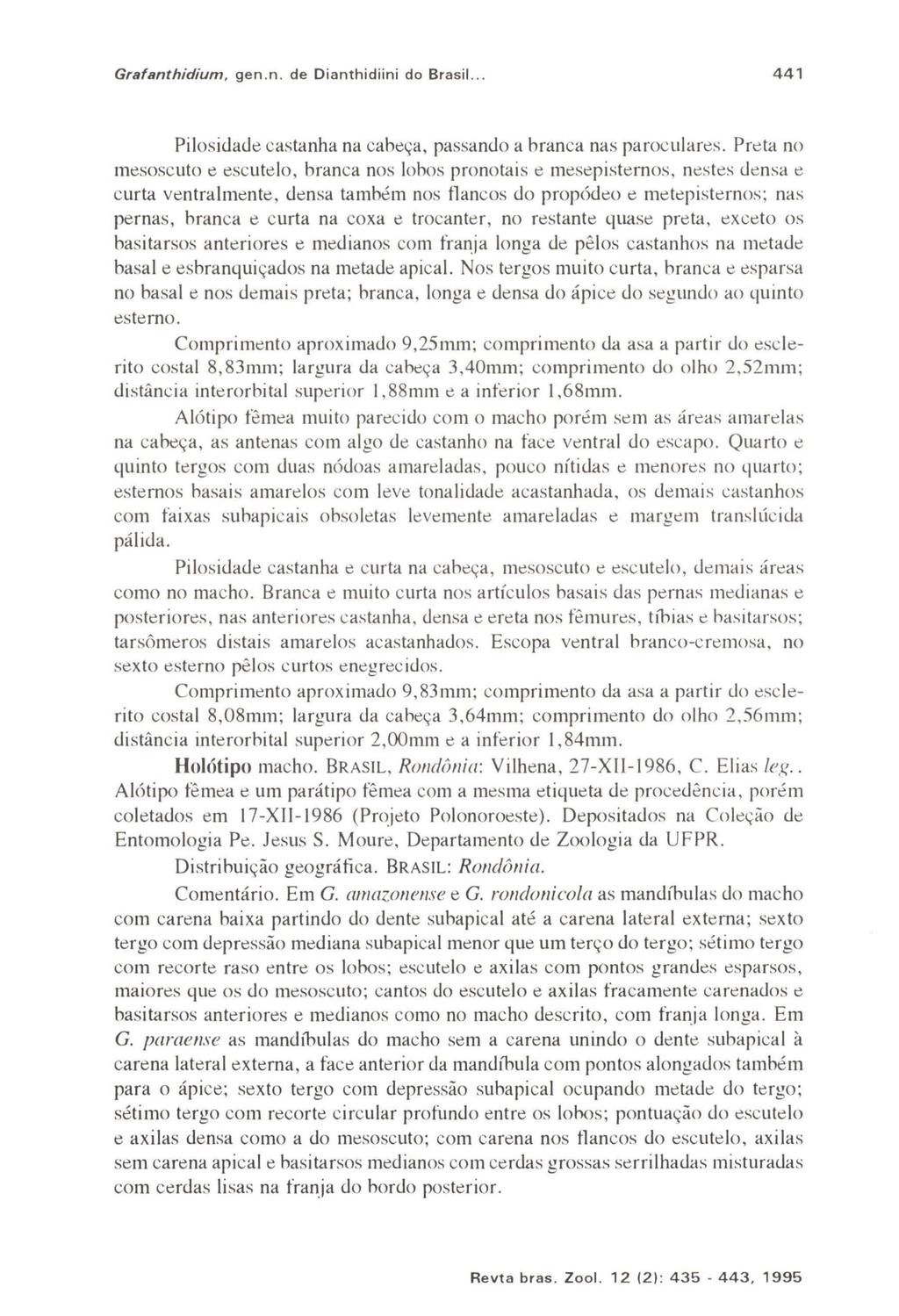 Grafanthidium, gen.n. de Dianthidiini do Brasii... 441 Pilosidade castanha na cabeça, passando a branca nas paroculares.