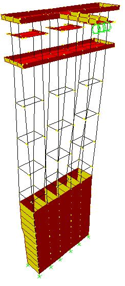 Modelação 3D da torre com o SAP 2000 Foi desenvolvido em SAP 2000 um modelo tridimensional da torre constituído por 276 elementos finitos de barra 3D ( frame elements ) e 342 elementos de casca