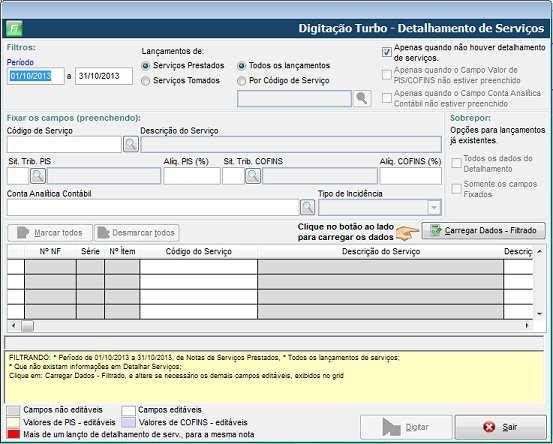 Digitações Turbo Menu Diversos / EFD Contribuições / Digitação Turbo Detalhamento