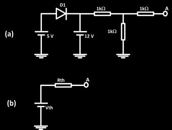 13 QUESTÃO 7: (Eletrônica) Na figura abaixo, (a) é o circuito a ser analisado e (b) o seu circuito equivalente de Thévenin para o ponto A com relação