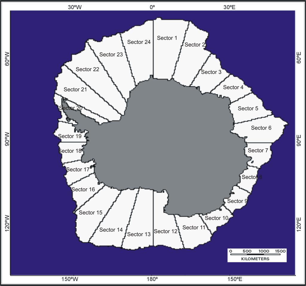 Anais XIV Simpósio Brasileiro de Sensoriamento Remoto, Natal, Brasil, 25-30 abril 09, INPE, p. 4003-4009. Figura 1. Subdivisão de setores de gelo marinho antártico definido neste trabalho. 3.