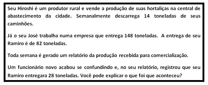 Depois de ouvir o Podcasts, vamos retomar a situação problema: Observe que o funcionário trocou a ordem entre unidade e dezena e, em vez de registrar 82 toneladas, escreveu 28 toneladas!