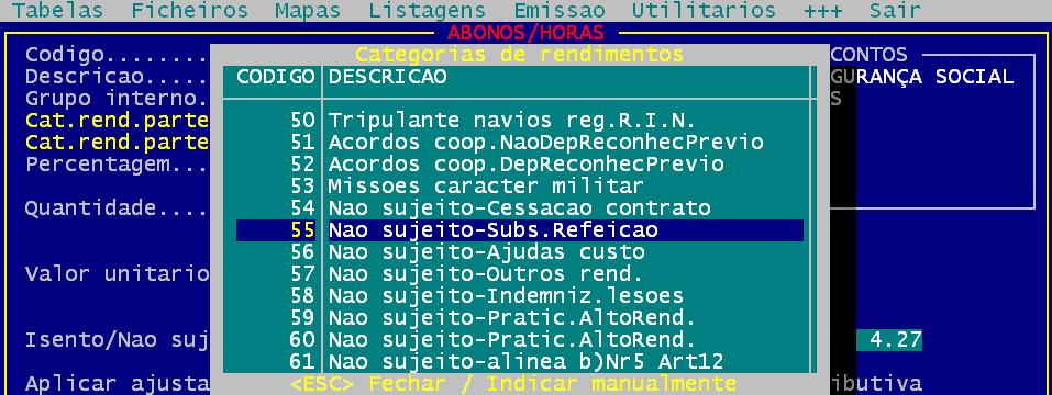 Para aceder à tabela de apoio ao preenchimento deste código deve colocar -1 e confirmar com a tecla ENTER, tal como indica a