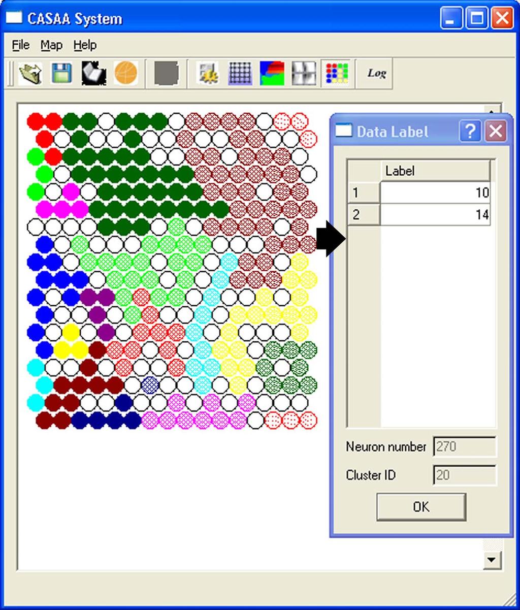 O resultado do processo de segmentação do Mapa neural, através do algoritmo Costa- Netto, é ilustrado através da coloração do Mapa neural (Figura 5.11). Cada cor representa um agrupamento.