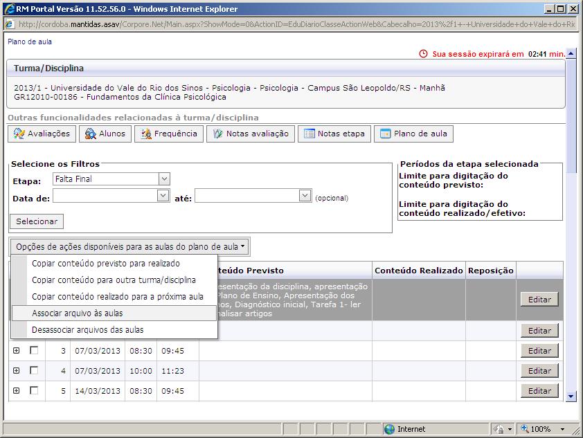 [46] Na tela de associar arquivo às aulas, preencha os campos: [47] Descrição: preencher com a descrição que represente o arquivo a ser associado à aula.