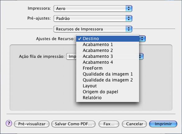 IMPRESSÃO NO MAC OS X 18 18 Escolha Recursos de impressora para especificar opções específicas da impressora. Especifique as configurações para cada seleção em Ajustes de Recurso.