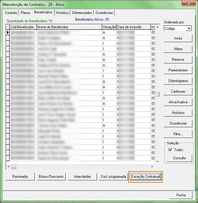 Figura: Manutenção de Contratos (aba Beneficiários) Destaque para o botão Exceção Contratual Ao clicar no botão em