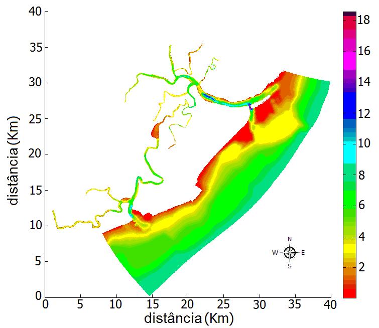 20 Figura 6 Representação da topografia de fundo do domínio considerado (em metros). Em geral, os canais estuarinos do SERCP se tornam mais rasos à medida que avançamos para o seu interior.