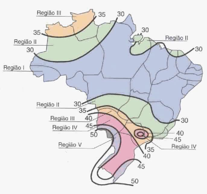 45 Esta velocidade é obtida através do mapa das isopletas, presente na NBR 6123 (Associação Brasileira de Normas Técnicas, 1988), e, dentro do Brasil, pode variar de 30 a 50 m/s, conforme a região