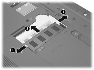 b. Segure a borda do módulo de memória (2) e puxe-o cuidadosamente para fora do respectivo slot. CUIDADO: Para impedir danos ao módulo de memória, segure o módulo de memória somente pelas bordas.