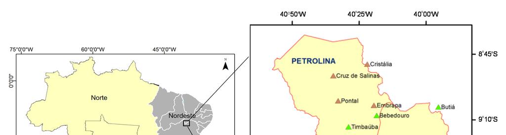 Figura 1 - Localização dos municípios Petrolina-PE e Juazeiro-BA no Nordeste do Brasil e estações agrometeorológicas utilizadas.