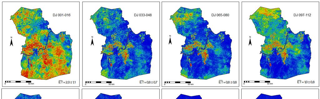Figura 4 - Distribuição espacial dos valores de evapotranspiração (ET) nos municípios de Petrolina-PE e Juazeiro-BA, Nordeste do Brasil, para períodos de 16 dias das imagens MODIS, envolvendo