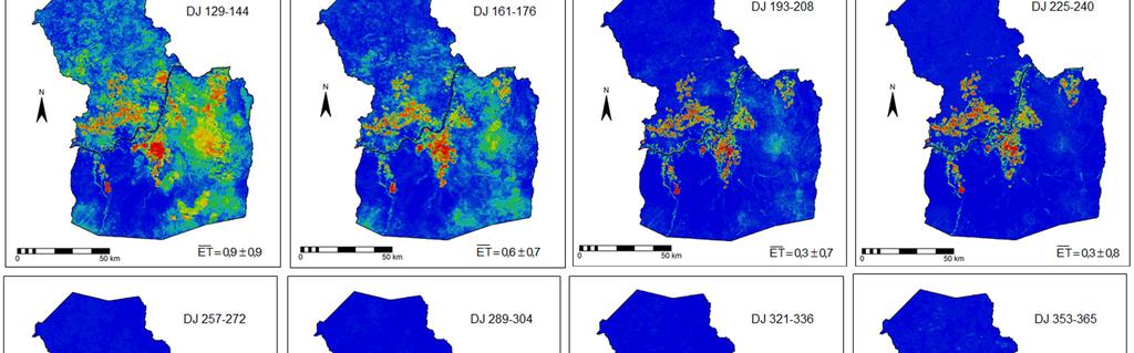 Tanto para Petrolina-PE, como para Juazeiro-BA, as variações espaciais e temporais da ET são evidentes, principalmente observando-se as imagens representativas das condições mais secas a partir de