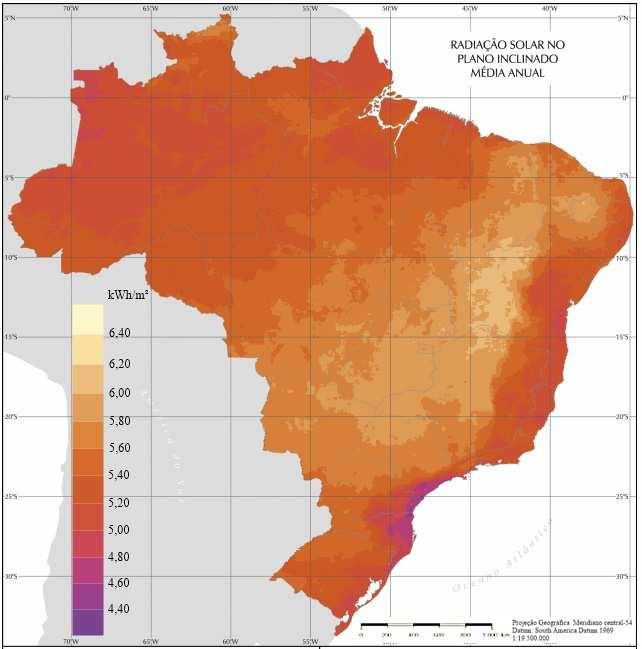 Figura 1- Mapa Solarimétrico brasileiro da radiação solar no plano.