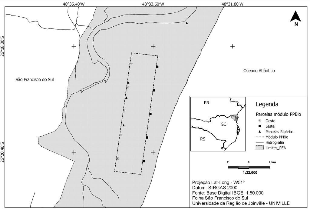 PEQUENOS MAMÍFEROS EM RESTINGAS DO SUL DO BRASIL 369 Fig. 1. Área de estudo demonstrando a delimitação do Parque Estadual Acaraí e do módulo PPBio Mata Atlântica.