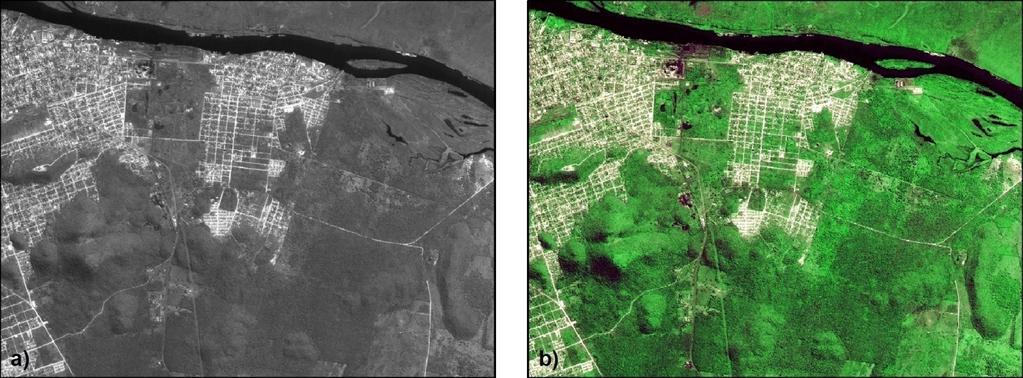 Isto pode ser observado na Figura 3, na qual as feições lineares, como ruas e estradas, tornaram-se mais nítidas. Figura 3. Imagens sintéticas, composição 3R, 4G, 2B formada por: a) bandas CCD originais; b) bandas CCD restauradas.